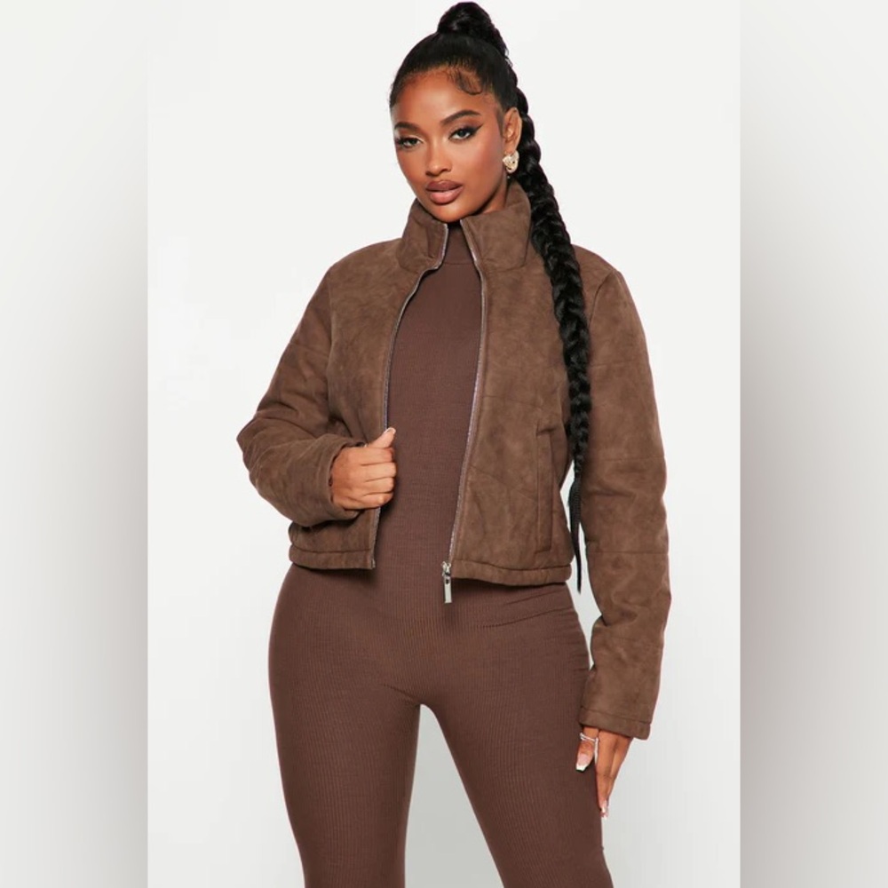 JouJou Chocolate Brown Suede cropped women’s Jacket large jou jou coat puffer